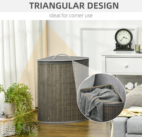 HOMCOM Bamboo Laundry Basket, 55L Corner Hamper with Lid, Removable Liner, Washing Basket, 38 x 38 x 57cm, Grey Aosom UK