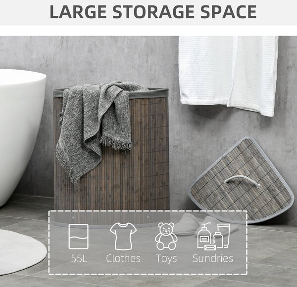HOMCOM Bamboo Laundry Basket, 55L Corner Hamper with Lid, Removable Liner, Washing Basket, 38 x 38 x 57cm, Grey Aosom UK