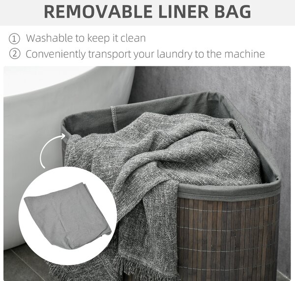 HOMCOM Bamboo Laundry Basket, 55L Corner Hamper with Lid, Removable Liner, Washing Basket, 38 x 38 x 57cm, Grey Aosom UK