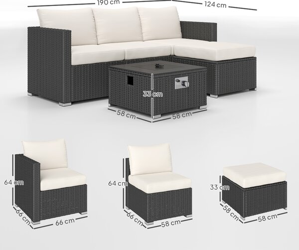 Outsunny Five Piece Rattan Garden Furniture Set with Gas Fire Pit Table and Footstool - Black and Cream White