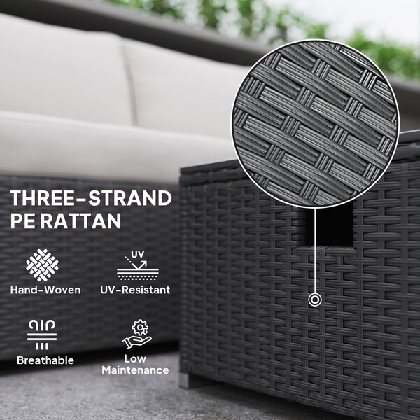 Outsunny Five Piece Rattan Garden Furniture Set with Gas Fire Pit Table and Footstool - Black and Cream White