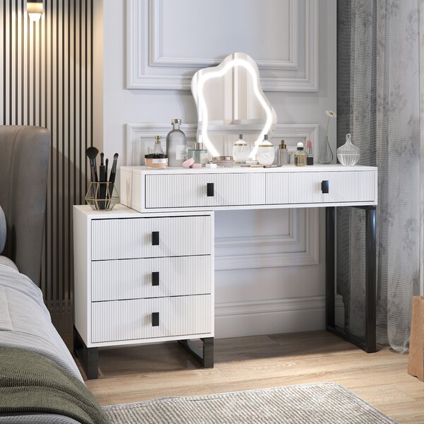 HOMCOM LED Lighted Dressing Table with Leaf Shape Mirror, Modern Vanity Desk with 5 Drawers, Makeup Desk with Fluted Panels, White