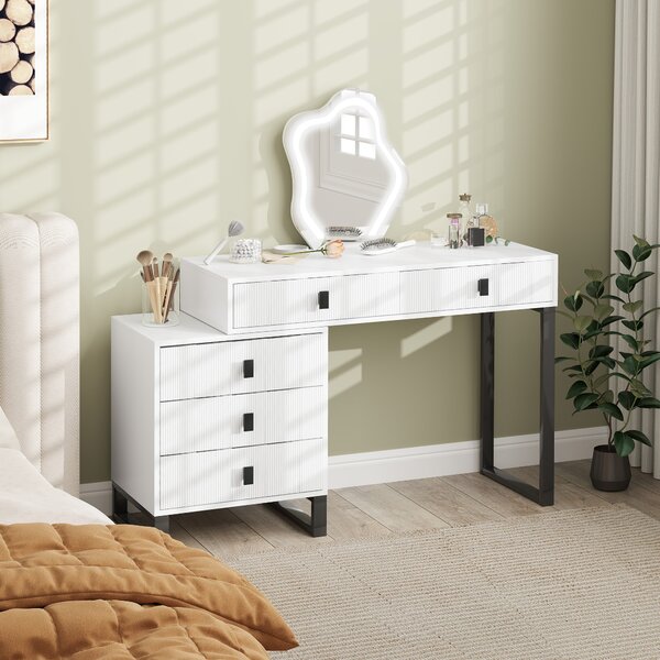 HOMCOM LED Lighted Dressing Table with Leaf Shape Mirror, Modern Vanity Desk with 5 Drawers, Makeup Desk with Fluted Panels, White