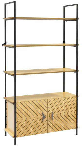 HOMCOM Bookcase 4-Tier Storage Shelf with Double Door Cabinet and Metal Frame for Living Room, Bedroom, Oak Tone