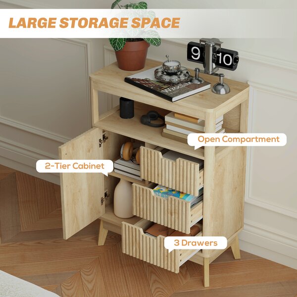 HOMCOM Small Sideboard with Drawers and Adjustable Shelf - Nature Wood Finish