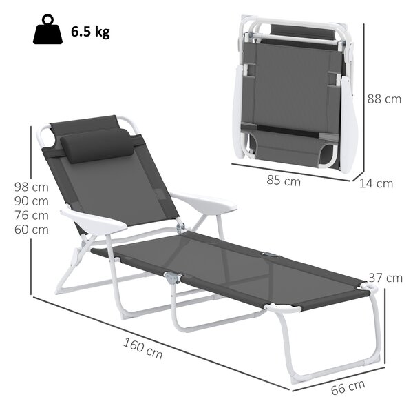 Outsunny Foldable Lounge Chair with 4-Level Adjustable Backrest & Headrest - Charcoal Grey