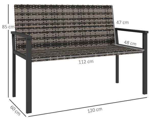 Outsunny 2 Seater Rattan Garden Bench, Outdoor Bench with Quick-Drying Cotton Padding, Wicker Garden Loveseat with Armrests, Steel Frame for Patio, Park, Mixed Grey