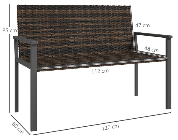 Outsunny 2 Seater Rattan Garden Bench, Outdoor Bench with Quick-Drying Cotton Padding, Wicker Garden Loveseat with Armrests, Steel Frame for Patio, Park, Mixed Brown