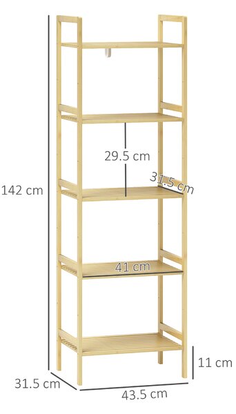HOMCOM 5-Tier Bamboo Bathroom Storage Shelf, Freestanding Shelving Unit with Adjustable Rack for Kitchen Bathroom Living Room, Natural Wood Finish
