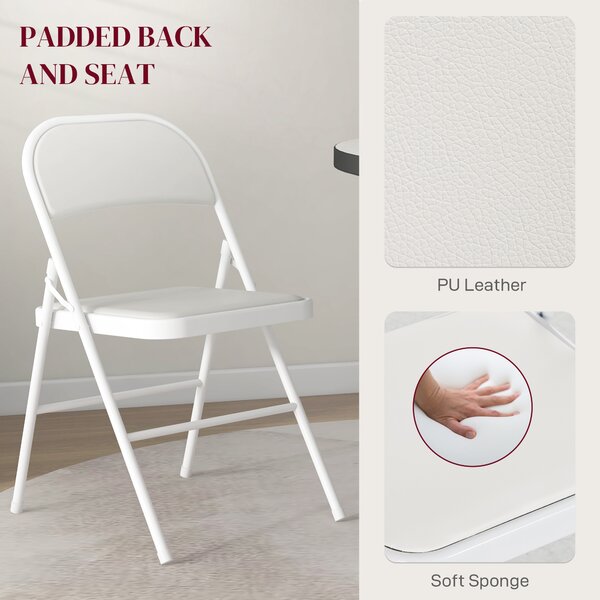 HOMCOM Padded Folding Chairs Set of 2 PU Leather Foldable Chairs with Cushioned Seat and Metal Frame for Home Office Dining, White Aosom UK