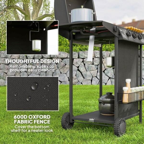 Outsunny 3+1 Burner Gas BBQ Grill, Smoker Grill with Built-in Thermometer, Side Table, Shelf, Grease Cup, Black Aosom UK
