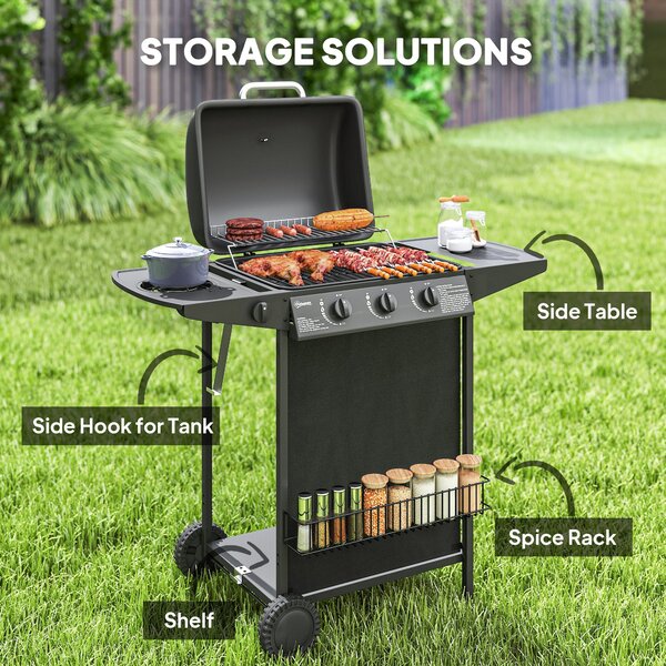Outsunny 3+1 Burner Gas BBQ Grill, Smoker Grill with Built-in Thermometer, Side Table, Shelf, Grease Cup, Black Aosom UK