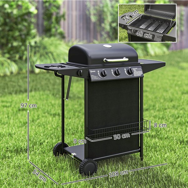 Outsunny 3+1 Burner Gas BBQ Grill, Smoker Grill with Built-in Thermometer, Side Table, Shelf, Grease Cup, Black Aosom UK