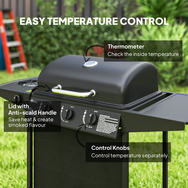 Outsunny 3+1 Burner Gas BBQ Grill, Smoker Grill with Built-in Thermometer, Side Table, Shelf, Grease Cup, Black Aosom UK