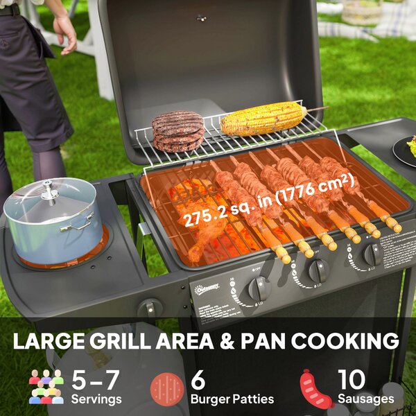 Outsunny 3+1 Burner Gas BBQ Grill, Smoker Grill with Built-in Thermometer, Side Table, Shelf, Grease Cup, Black Aosom UK