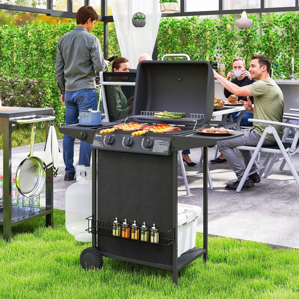 Outsunny 3+1 Burner Gas BBQ Grill, Smoker Grill with Built-in Thermometer, Side Table, Shelf, Grease Cup, Black Aosom UK