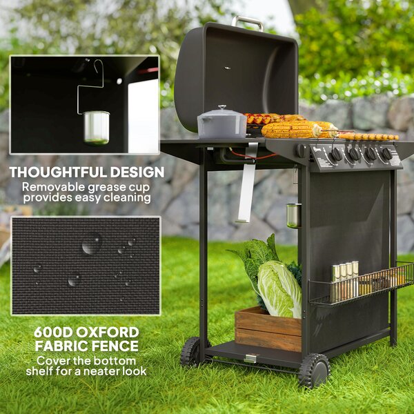 Outsunny 4+1 Burner Gas BBQ Grill, Portable Gas Barbecue Grill with Built-in Thermometer, Lid, Side Table, Shelf, Spice Rack, Wheels, Grease Cup for Garden Party Outdoor Cooking, Black