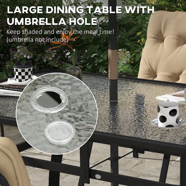 Outsunny 7-Piece Garden Dining Set, Tempered Glass Table with Parasol Hole & 6 Texteline Chairs with Full-size Cushions, Beige Aosom UK