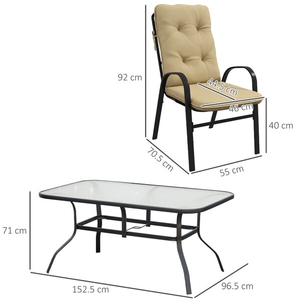 Outsunny 7-Piece Garden Dining Set, Tempered Glass Table with Parasol Hole & 6 Texteline Chairs with Full-size Cushions, Beige Aosom UK