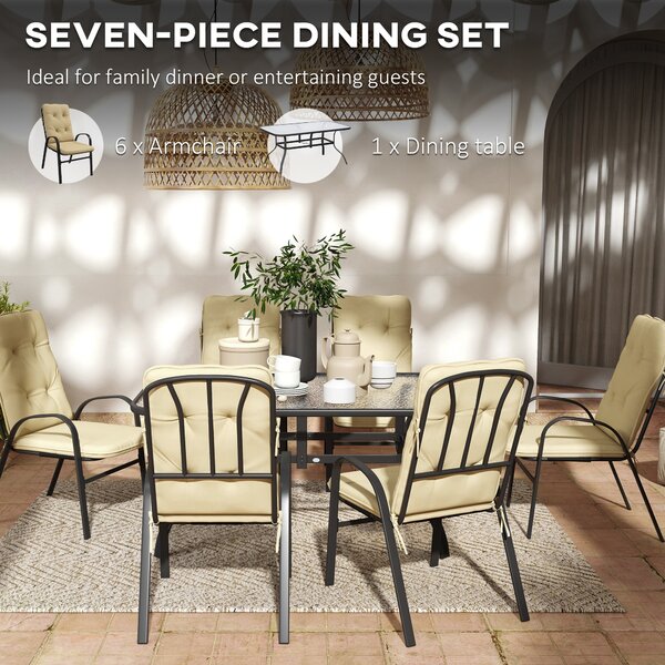 Outsunny 7-Piece Garden Dining Set, Tempered Glass Table with Parasol Hole & 6 Texteline Chairs with Full-size Cushions, Beige Aosom UK