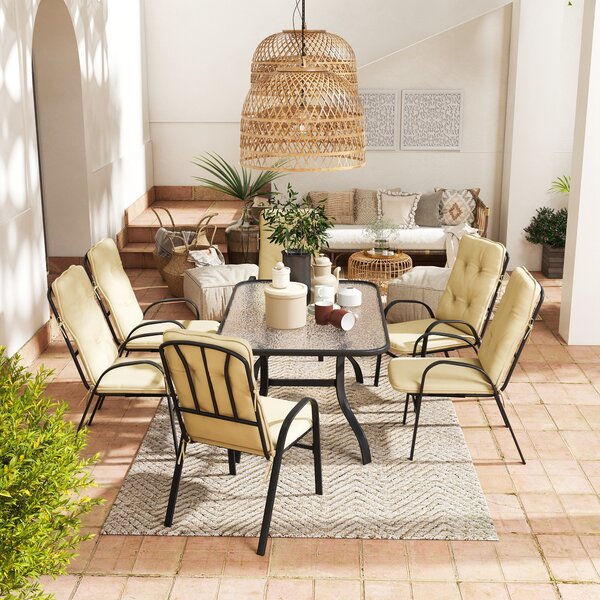 Outsunny 7-Piece Garden Dining Set, Tempered Glass Table with Parasol Hole & 6 Texteline Chairs with Full-size Cushions, Beige Aosom UK