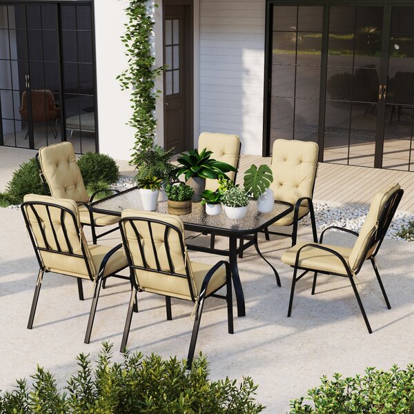 Outsunny 7-Piece Garden Dining Set, Tempered Glass Table with Parasol Hole & 6 Texteline Chairs with Full-size Cushions, Beige Aosom UK