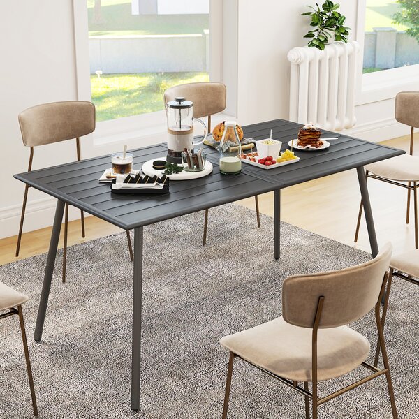 Outsunny Rectangle Garden Table with Slat Top, Steel Frame, Outdoor Table for 6 Person, 150 x 80 x 74 cm, Grey