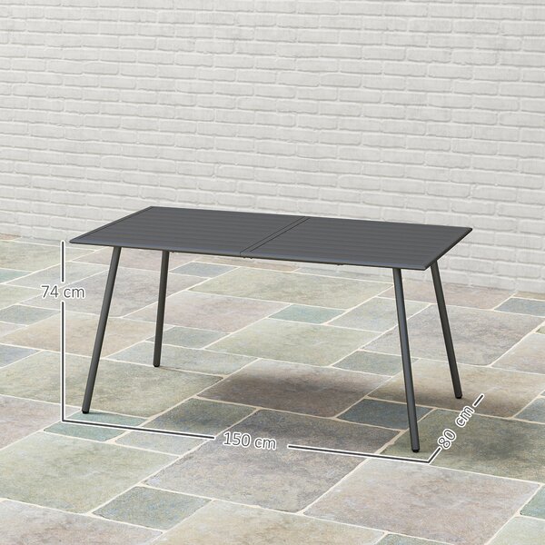 Outsunny Rectangle Garden Table with Slat Top, Steel Frame, Outdoor Table for 6 Person, 150 x 80 x 74 cm, Grey