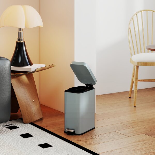 HOMCOM 5L Rectangular Compact Bin, Steel Construction, Removable Bucket, Quiet-Close Lid, Pedal Operation, Grey Aosom UK