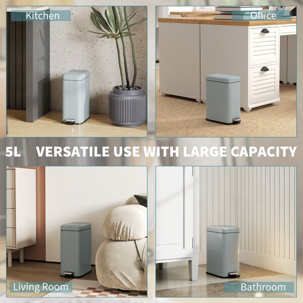 HOMCOM 5L Rectangular Compact Bin, Steel Construction, Removable Bucket, Quiet-Close Lid, Pedal Operation, Grey Aosom UK