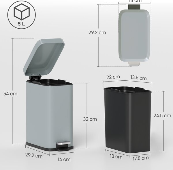 HOMCOM 5L Rectangular Compact Bin, Steel Construction, Removable Bucket, Quiet-Close Lid, Pedal Operation, Grey Aosom UK