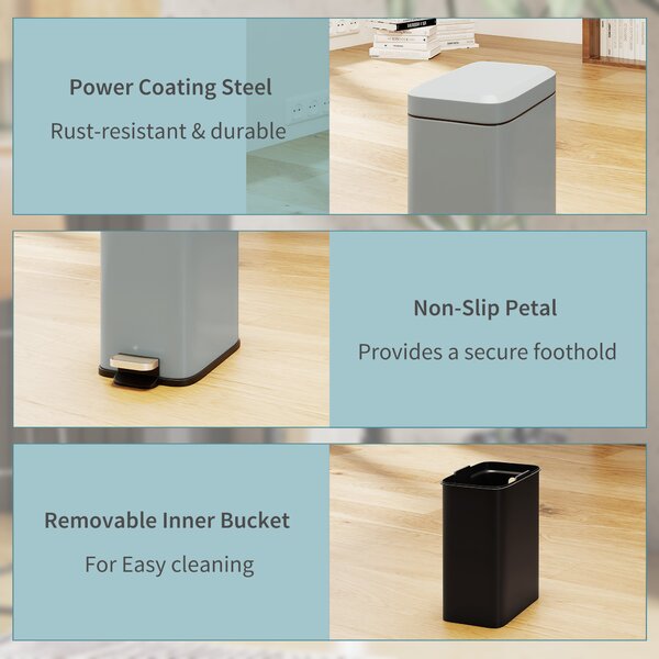 HOMCOM 5L Rectangular Compact Bin, Steel Construction, Removable Bucket, Quiet-Close Lid, Pedal Operation, Grey Aosom UK