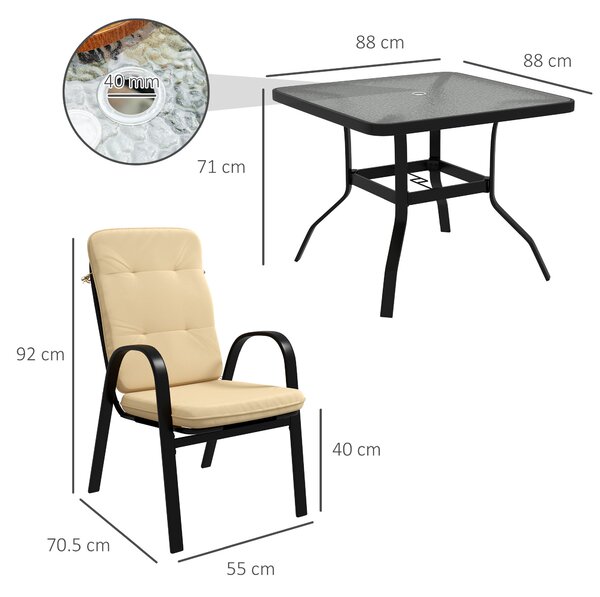 Outsunny 5 Pieces Outdoor Square Garden Dining Set w/ Tempered Glass Dining Table 4 Cushioned Armchairs, Umbrella Hole, Beige