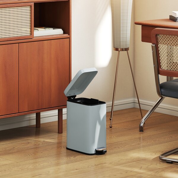 HOMCOM 5L Rectangular Compact Bin, Steel Construction, Removable Bucket, Quiet-Close Lid, Pedal Operation, Grey Aosom UK