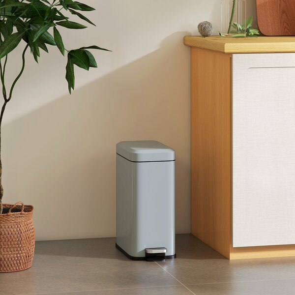 HOMCOM 5L Rectangular Compact Bin, Steel Construction, Removable Bucket, Quiet-Close Lid, Pedal Operation, Grey Aosom UK