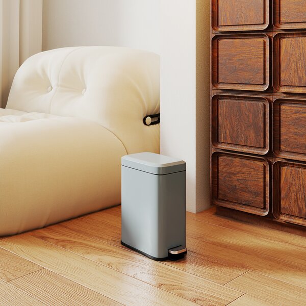 HOMCOM 5L Rectangular Compact Bin, Steel Construction, Removable Bucket, Quiet-Close Lid, Pedal Operation, Grey Aosom UK