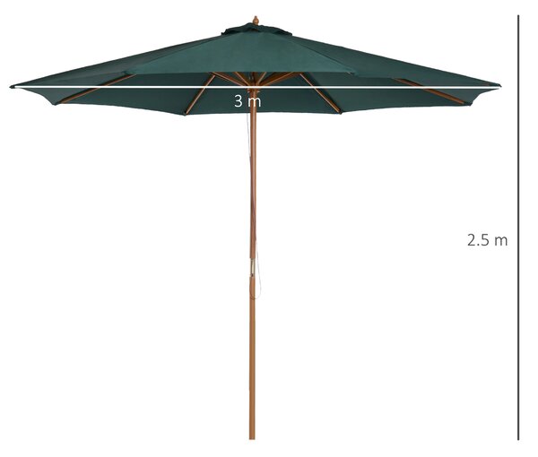 Outsunny 3(m) Wooden Patio Umbrella, Pulley Operated Garden Parasol with Rope Pulley Mechanism and 8 Ribs, Dark Green Aosom UK