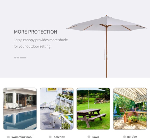 Outsunny 3(m) Fir Wooden Parasol Garden Umbrellas 8 Ribs Bamboo Sun Shade Patio Outdoor Umbrella Canopy, Cream White Aosom UK