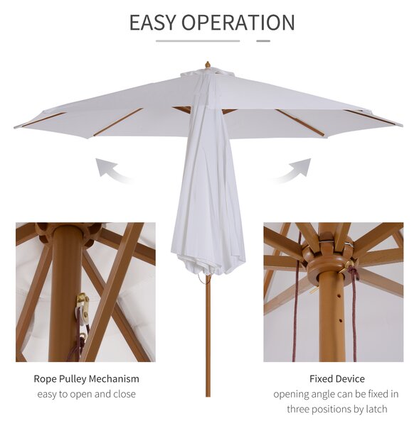 Outsunny 3(m) Fir Wooden Parasol Garden Umbrellas 8 Ribs Bamboo Sun Shade Patio Outdoor Umbrella Canopy, Cream White Aosom UK