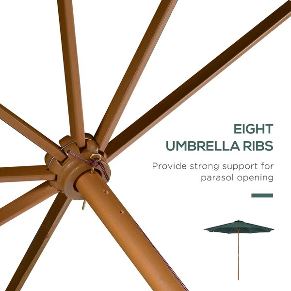 Outsunny 3(m) Wooden Patio Umbrella, Pulley Operated Garden Parasol with Rope Pulley Mechanism and 8 Ribs, Dark Green Aosom UK