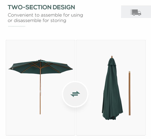 Outsunny 3(m) Wooden Patio Umbrella, Pulley Operated Garden Parasol with Rope Pulley Mechanism and 8 Ribs, Dark Green Aosom UK