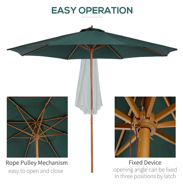 Outsunny 3(m) Wooden Patio Umbrella, Pulley Operated Garden Parasol with Rope Pulley Mechanism and 8 Ribs, Dark Green Aosom UK