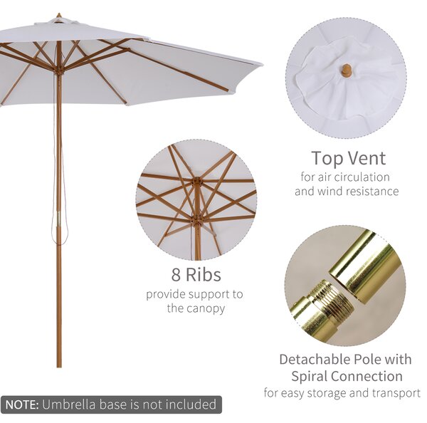Outsunny 3(m) Fir Wooden Parasol Garden Umbrellas 8 Ribs Bamboo Sun Shade Patio Outdoor Umbrella Canopy, Cream White Aosom UK