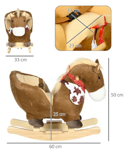 HOMCOM Kids Rocking Horse, Plush Baby Rocking Chair with Safety Harness, Realistic Sound, Foot Pedals, for Toddler Aged 18-36 Months, Brown