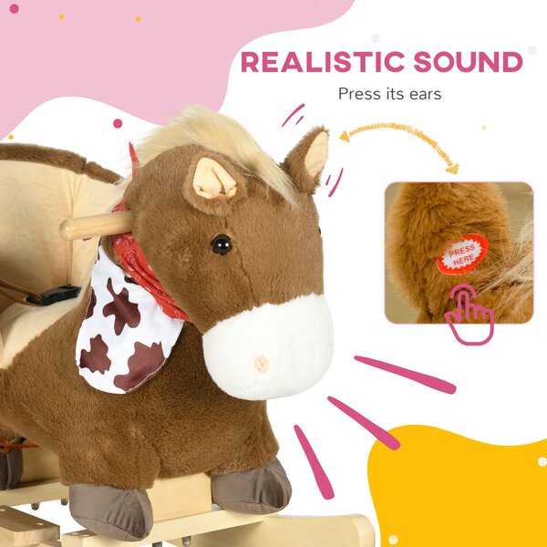 HOMCOM Kids Rocking Horse, Plush Baby Rocking Chair with Safety Harness, Realistic Sound, Foot Pedals, for Toddler Aged 18-36 Months, Brown