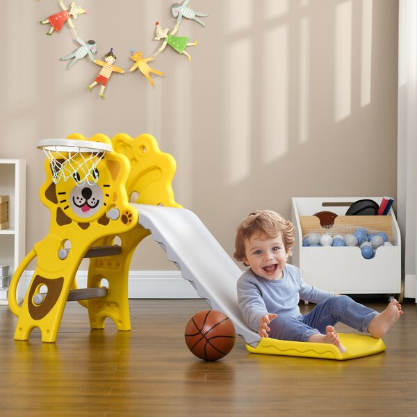 AIYAPLAY Baby Slide with Basketball Hoop, Easy to Assemble Kids Slide for Indoor Use, for Ages 18-36 Months - Yellow Aosom UK