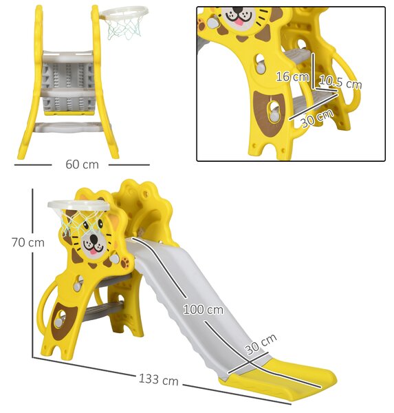 AIYAPLAY Baby Slide with Basketball Hoop, Easy to Assemble Kids Slide for Indoor Use, for Ages 18-36 Months - Yellow Aosom UK