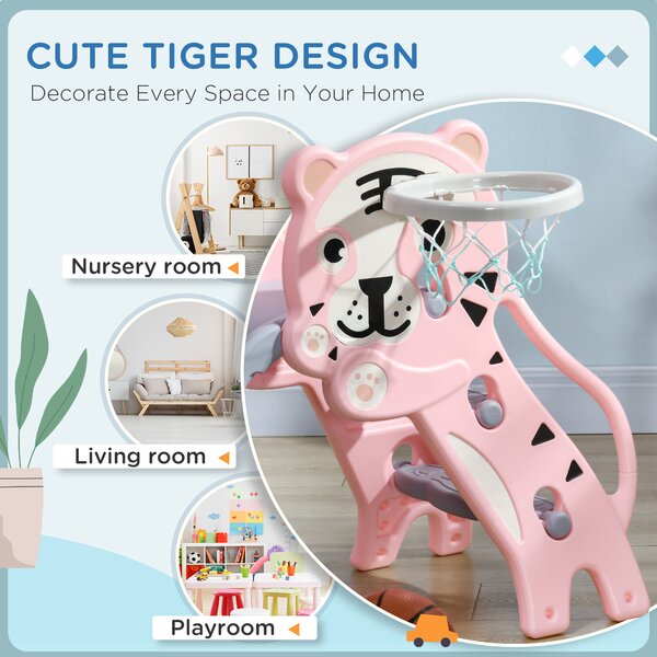 AIYAPLAY 2 in 1 Baby Slide for Indoor Use with Basketball Hoop, Basketball, for Ages 18-36 Months - Pink Aosom UK