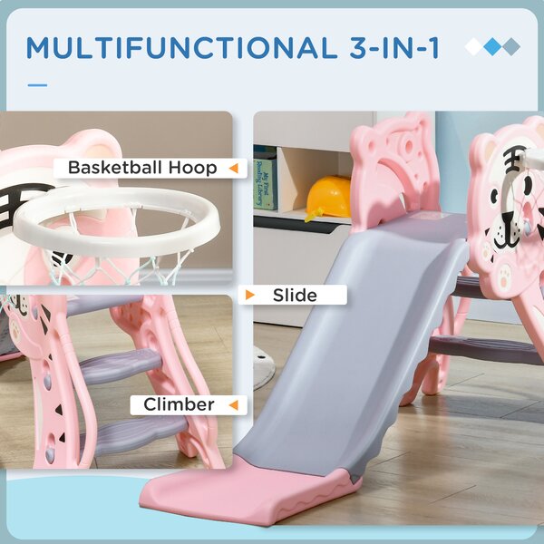 AIYAPLAY 2 in 1 Baby Slide for Indoor Use with Basketball Hoop, Basketball, for Ages 18-36 Months - Pink Aosom UK