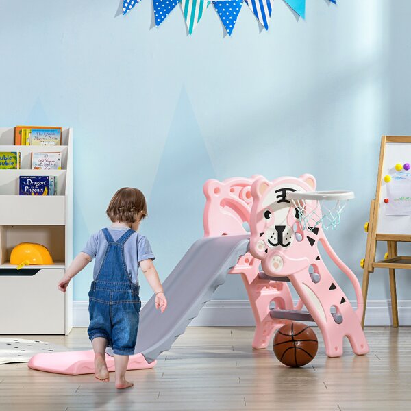 AIYAPLAY 2 in 1 Baby Slide for Indoor Use with Basketball Hoop, Basketball, for Ages 18-36 Months - Pink Aosom UK